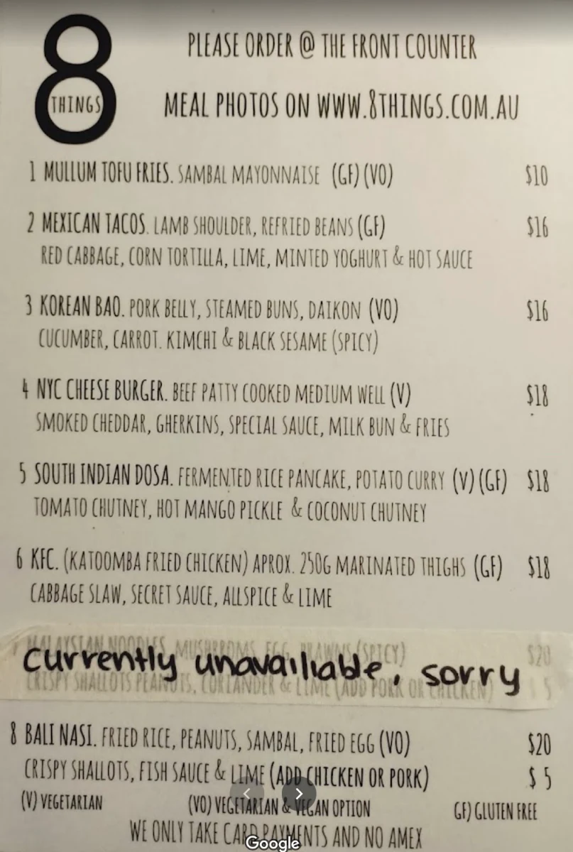 Menu, 8Things Eatery