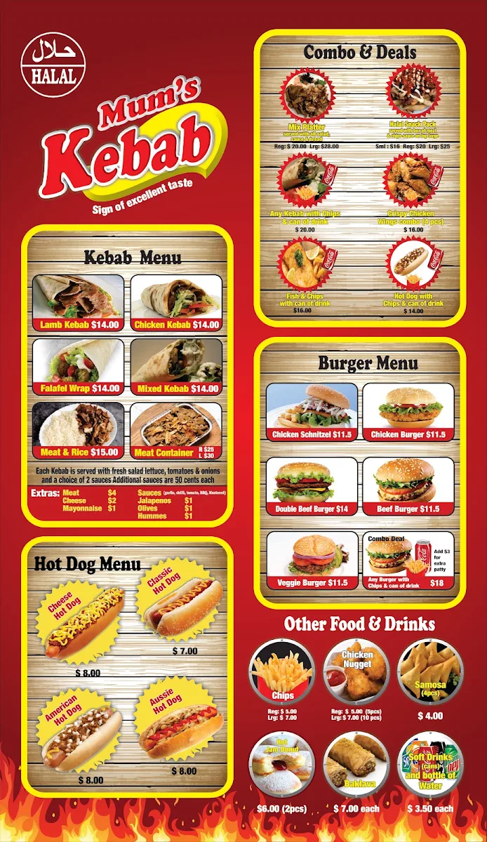 Menu, Mum's Kebabs and Burgers Tarneit