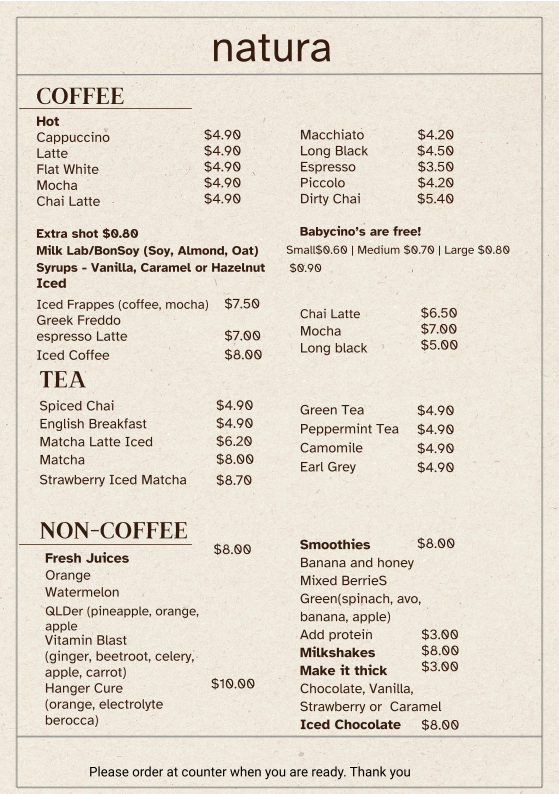 Menu, Natura Cafe
