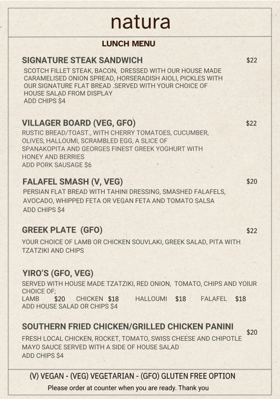 Menu, Natura Cafe
