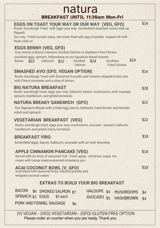Menu, Natura Cafe
