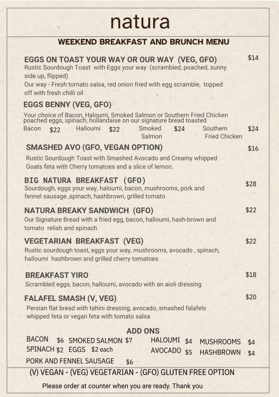 Menu, Natura Cafe