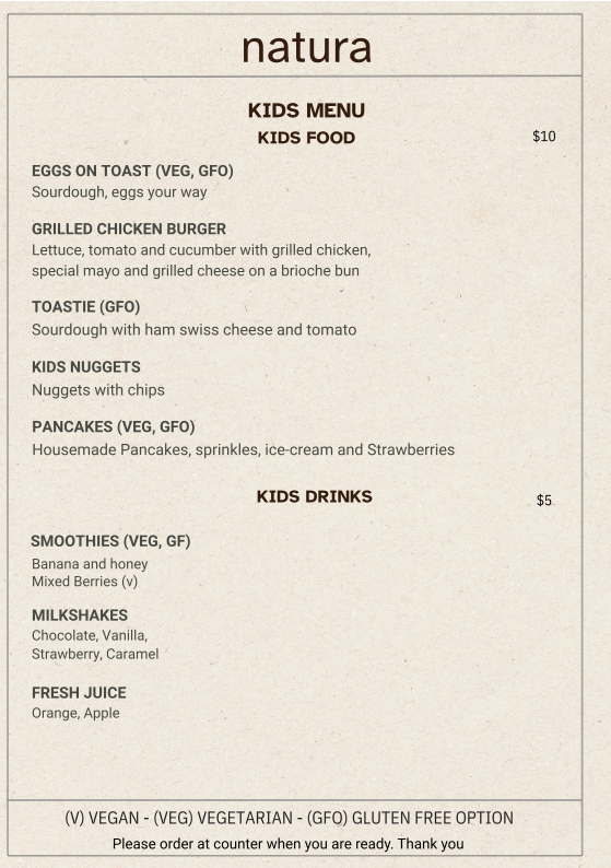 Menu, Natura Cafe