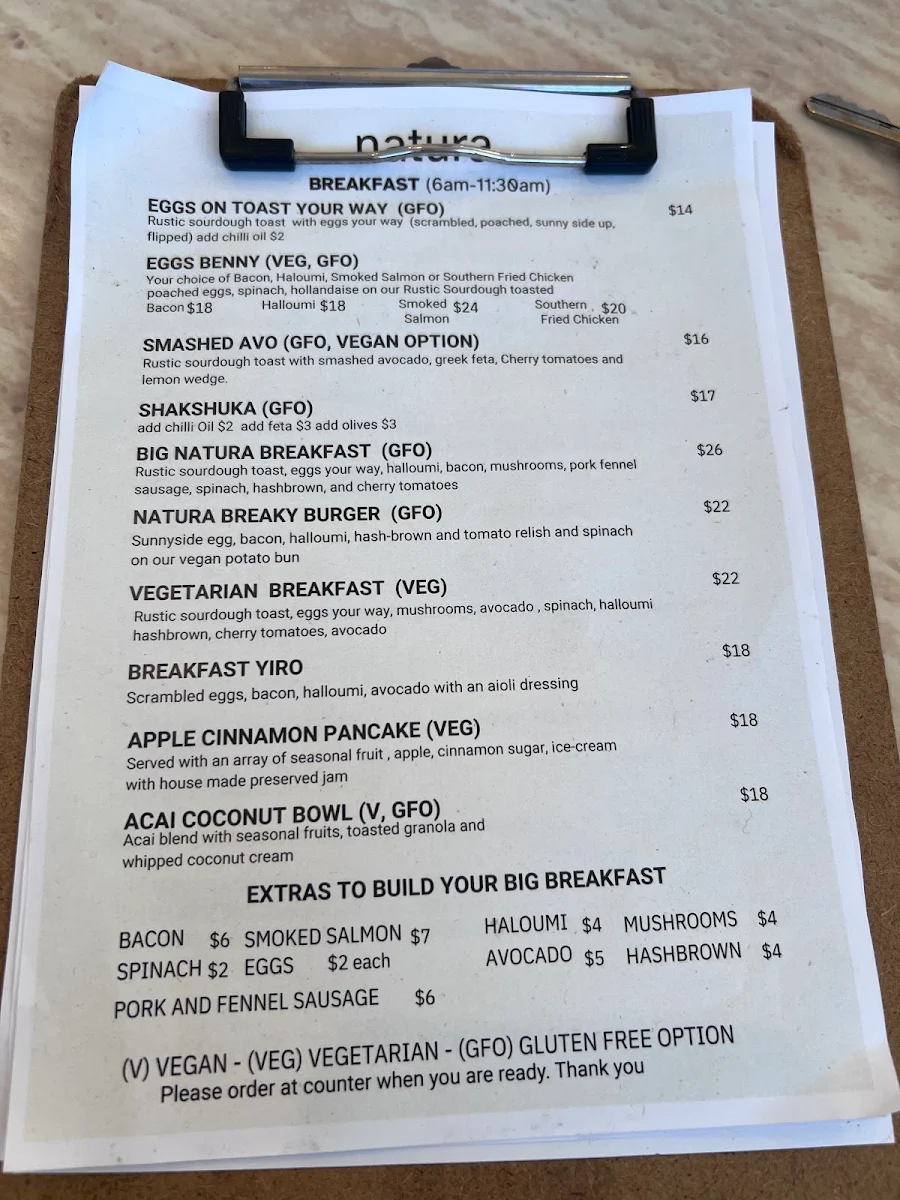 Menu, Natura Cafe