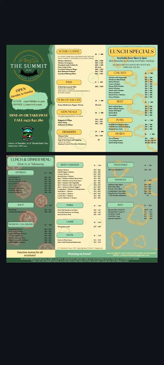 Menu, The Summit Bistro