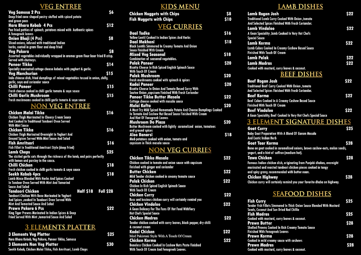 Menu, 3 Elements Indian Restaurant & Banquet Hall