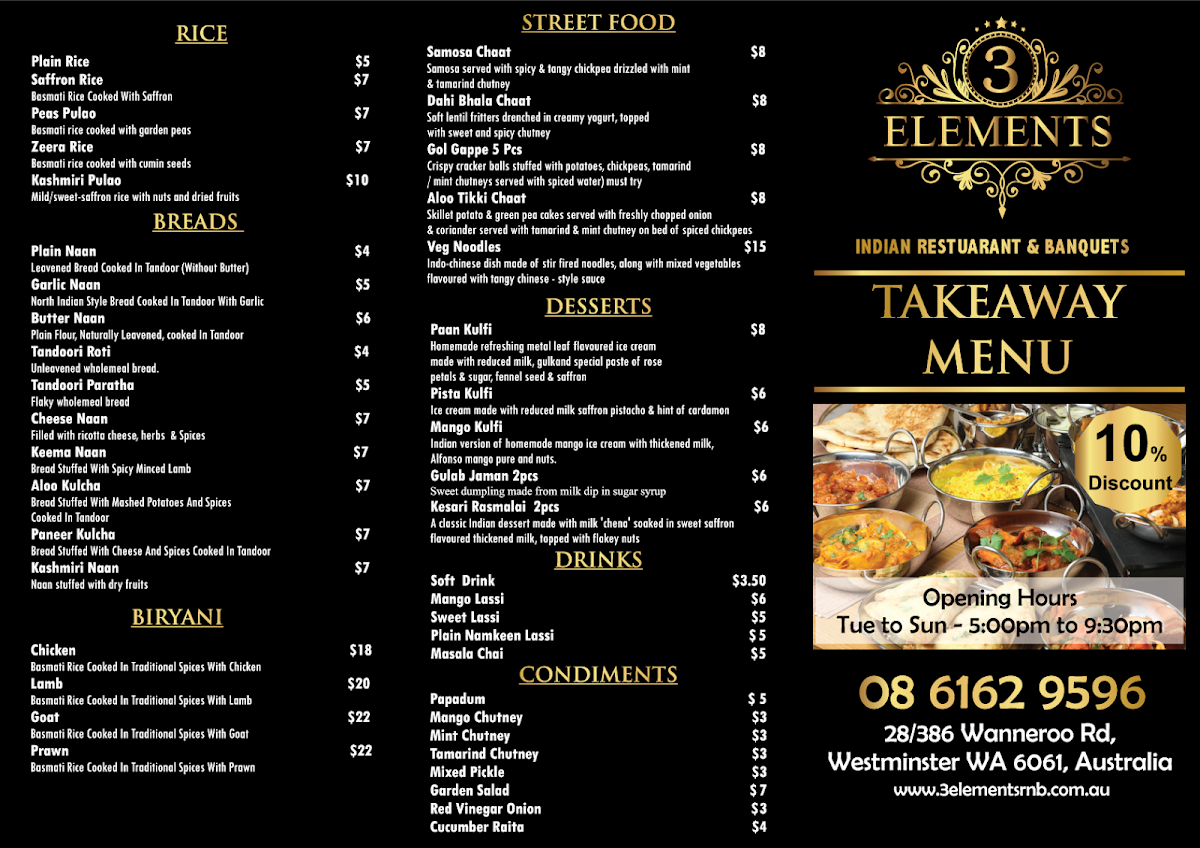 Menu, 3 Elements Indian Restaurant & Banquet Hall