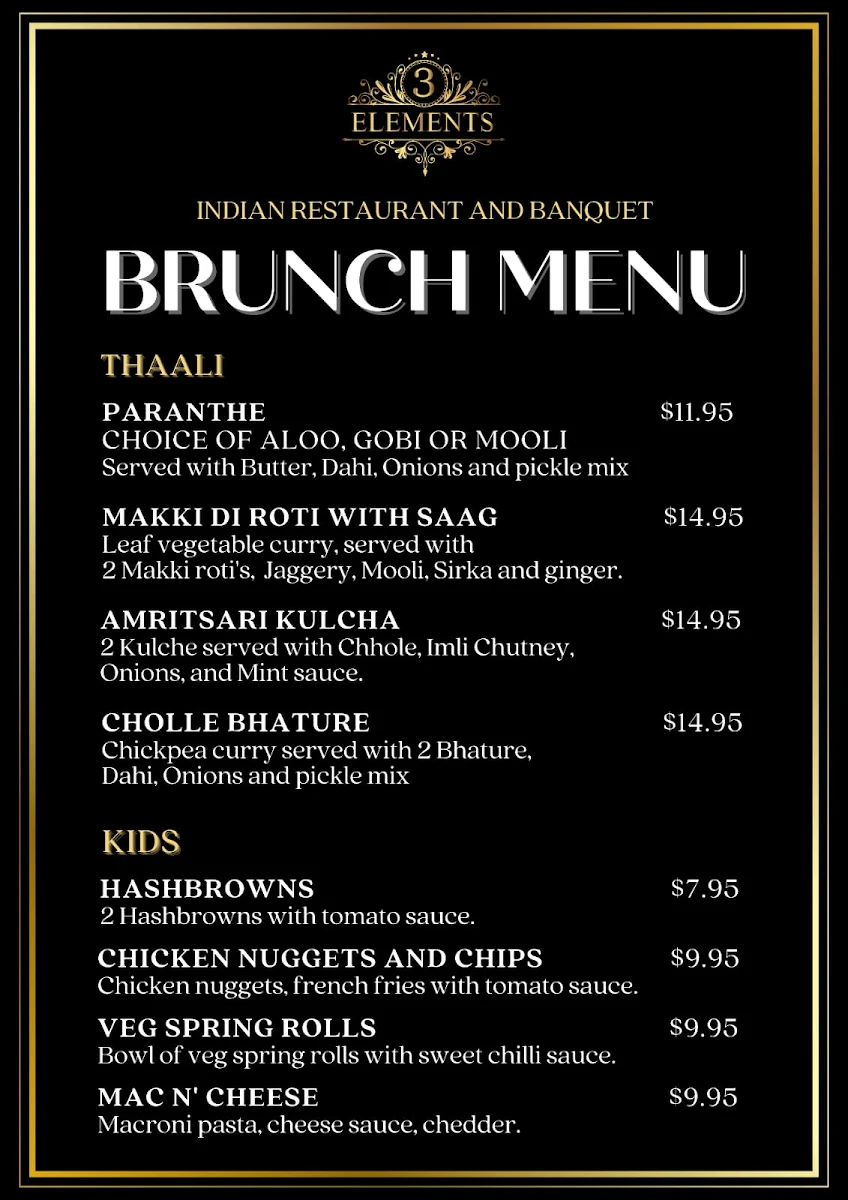 Menu, 3 Elements Indian Restaurant & Banquet Hall