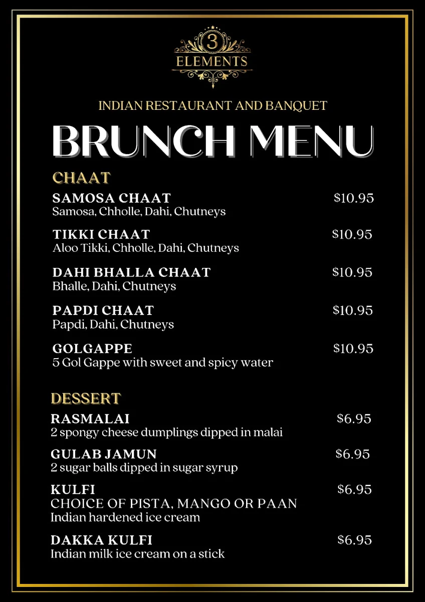 Menu, 3 Elements Indian Restaurant & Banquet Hall