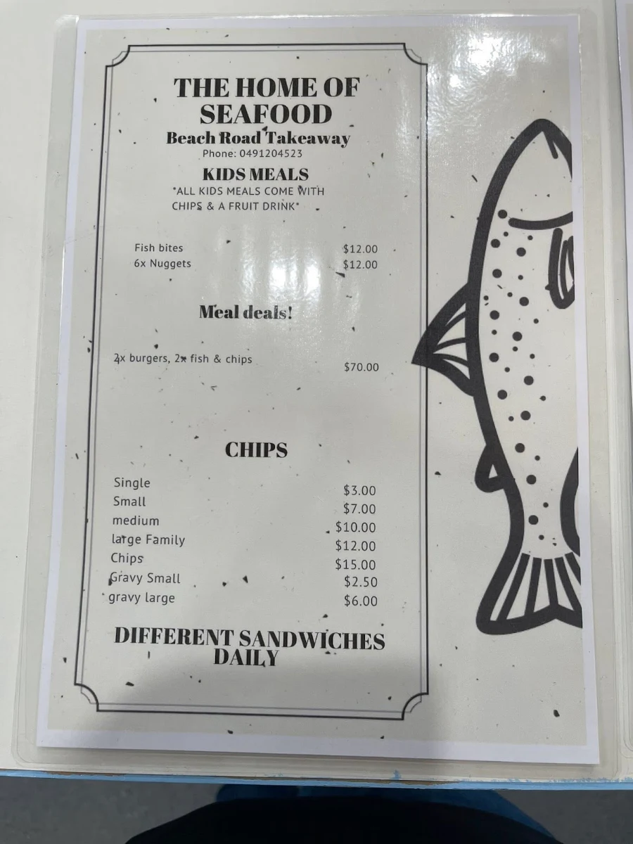 Menu, Beach Road Takeaway