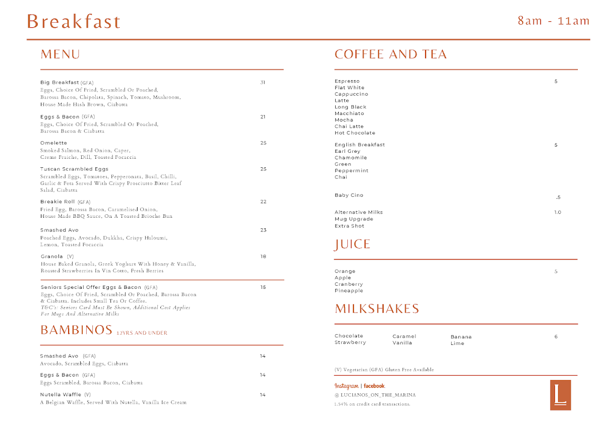 Menu, Luciano's on the Marina