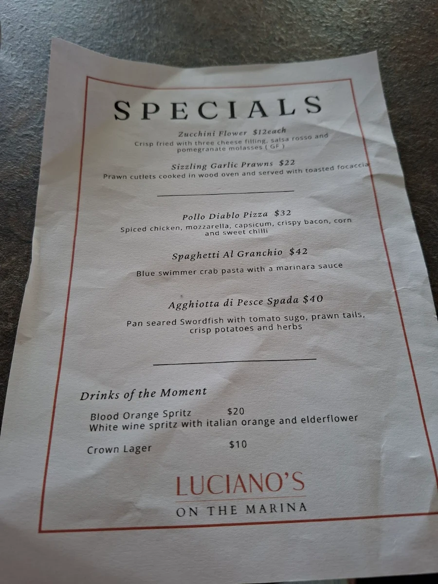 Menu, Luciano's on the Marina