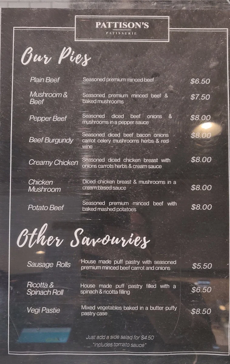 Menu, Pattison's Patisserie