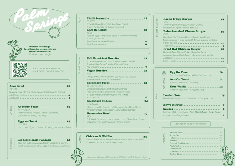 Menu, Palm Springs Burleigh