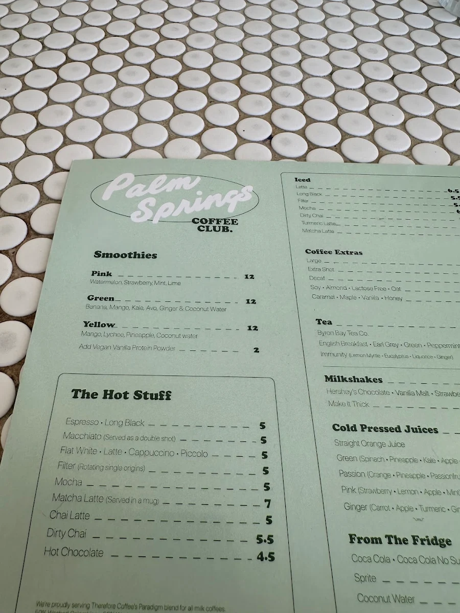 Menu, Palm Springs Burleigh