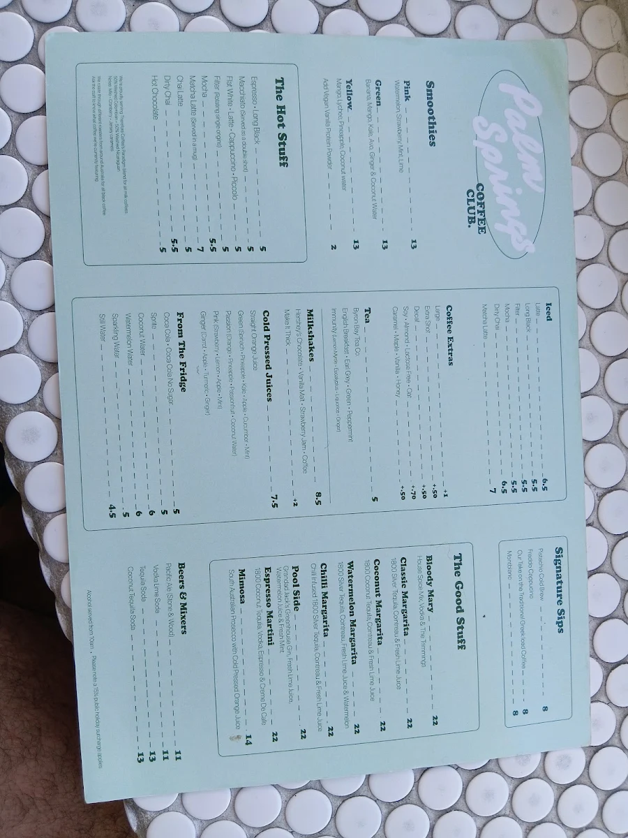 Menu, Palm Springs Burleigh