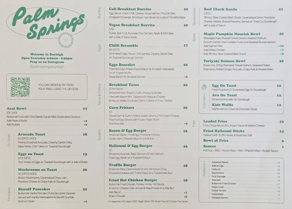 Menu, Palm Springs Burleigh