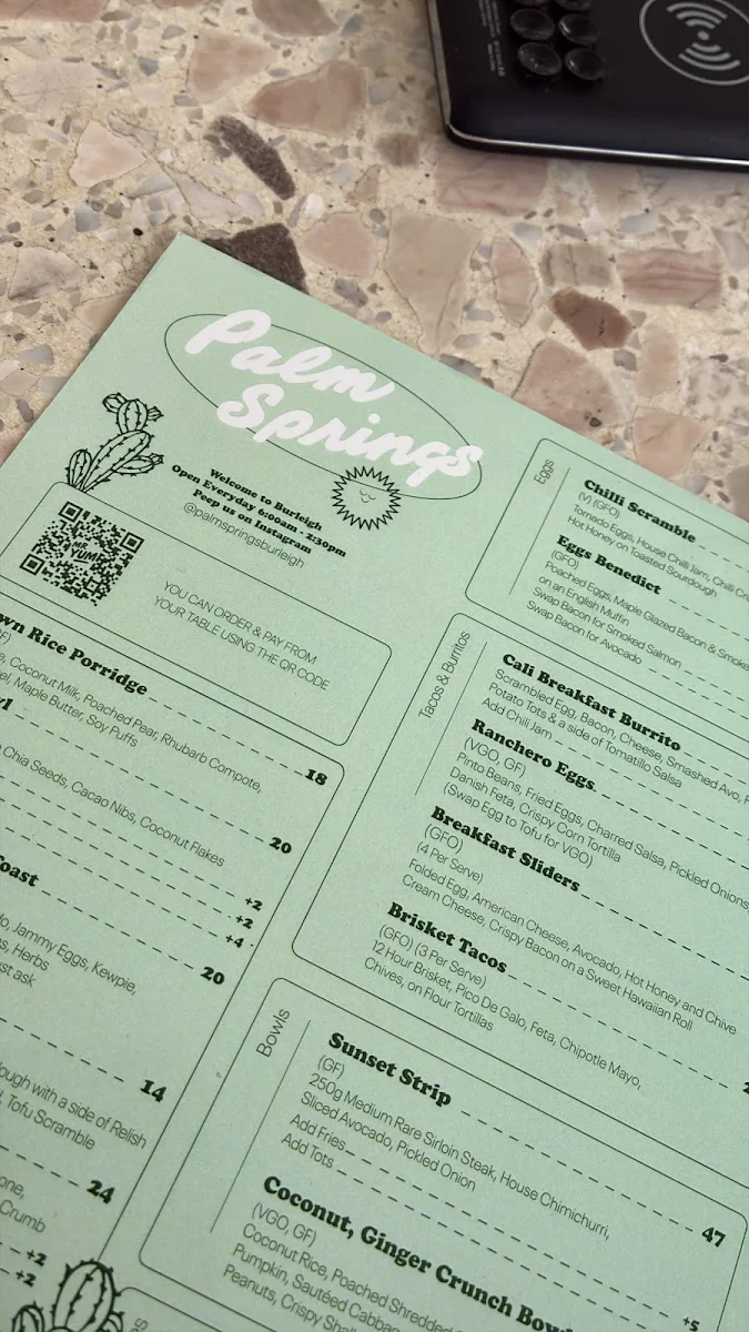 Menu, Palm Springs Burleigh