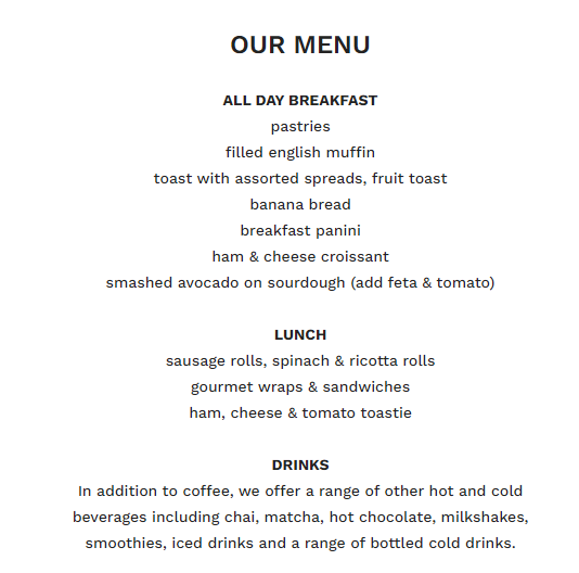 Menu, Merlo Coffee Cafe | Paddington
