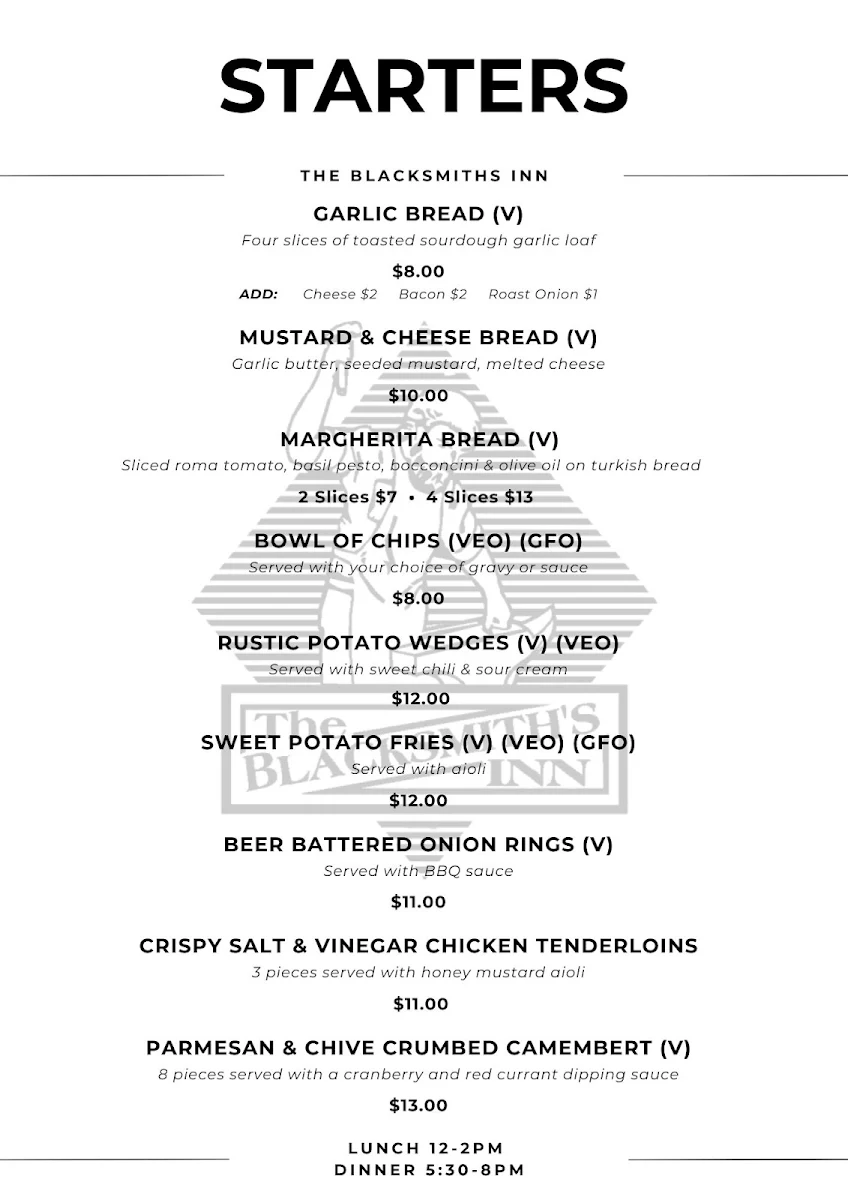 Menu, The Blacksmith's Inn