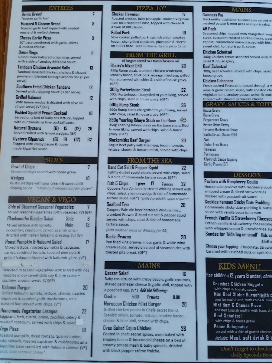 Menu, The Blacksmith's Inn