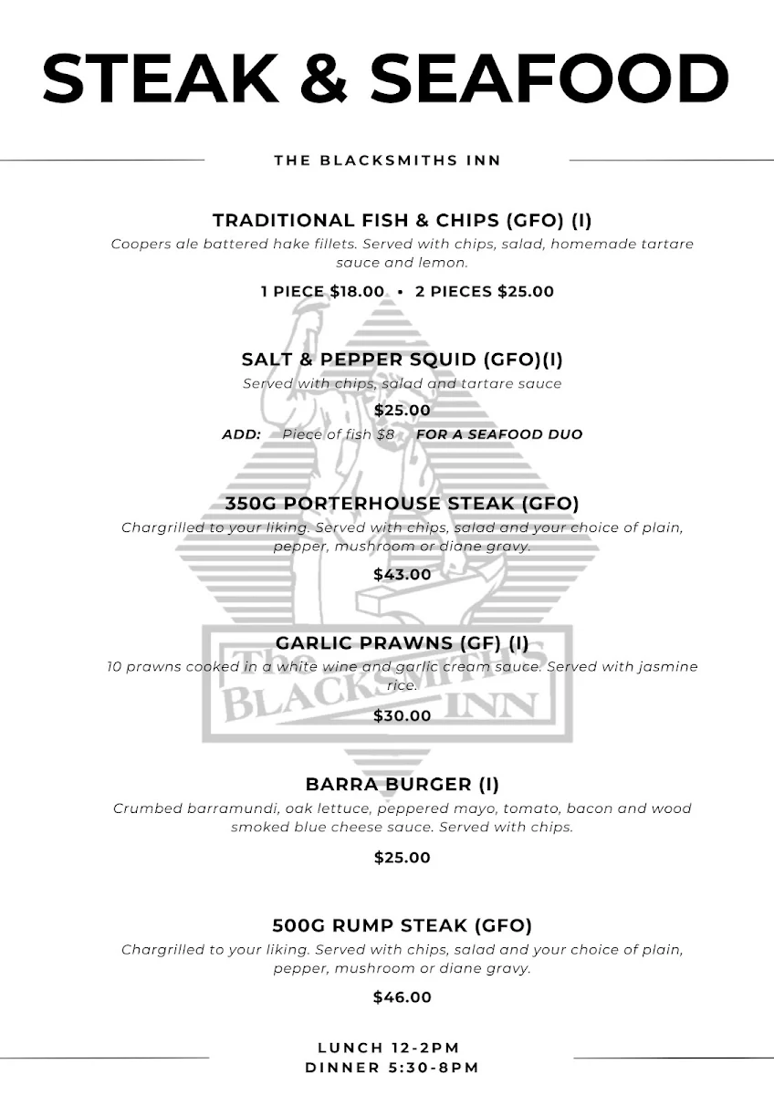 Menu, The Blacksmith's Inn