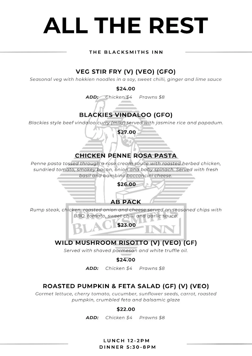 Menu, The Blacksmith's Inn