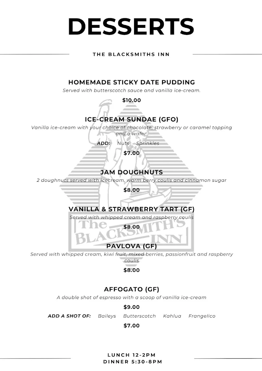 Menu, The Blacksmith's Inn