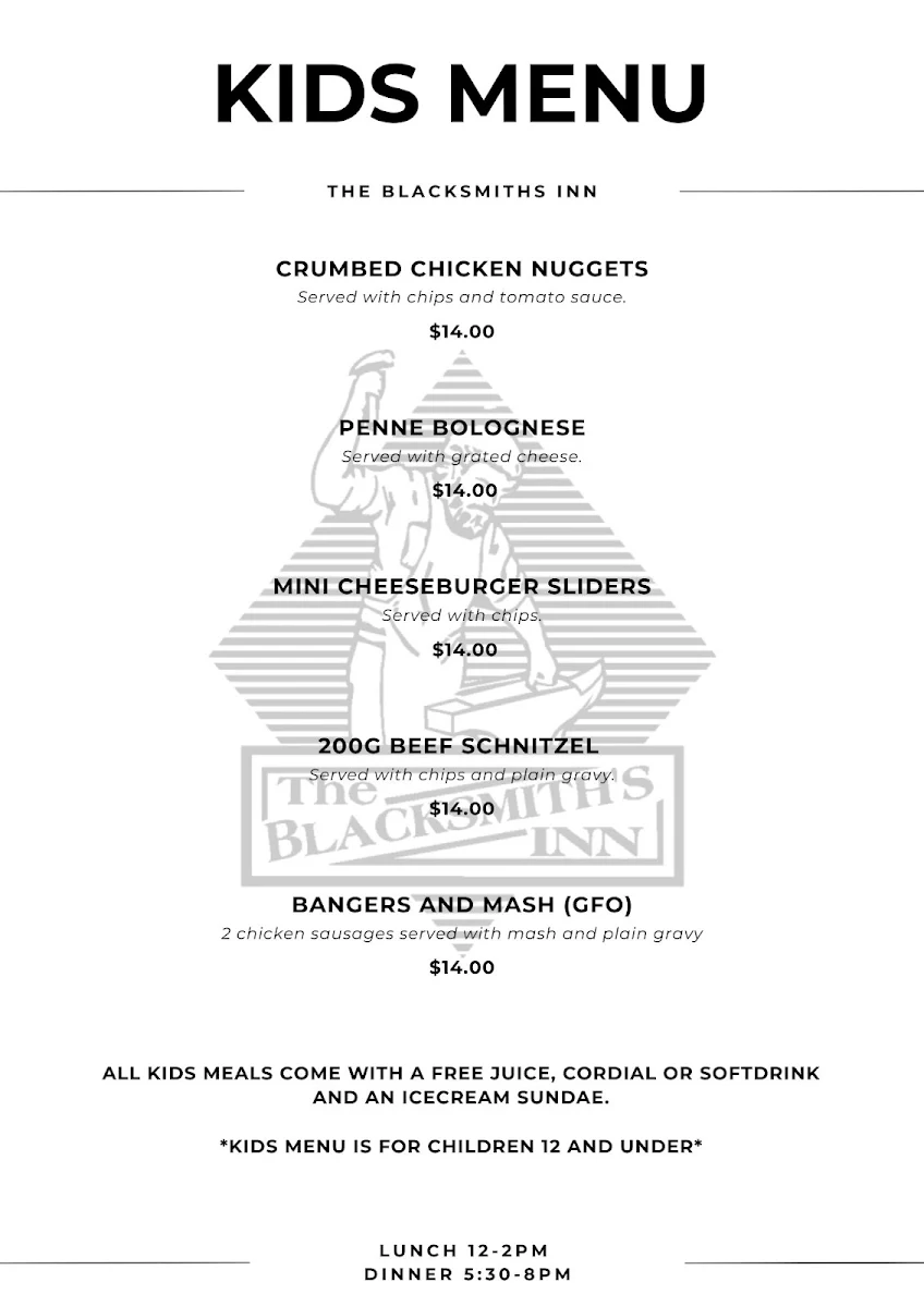 Menu, The Blacksmith's Inn
