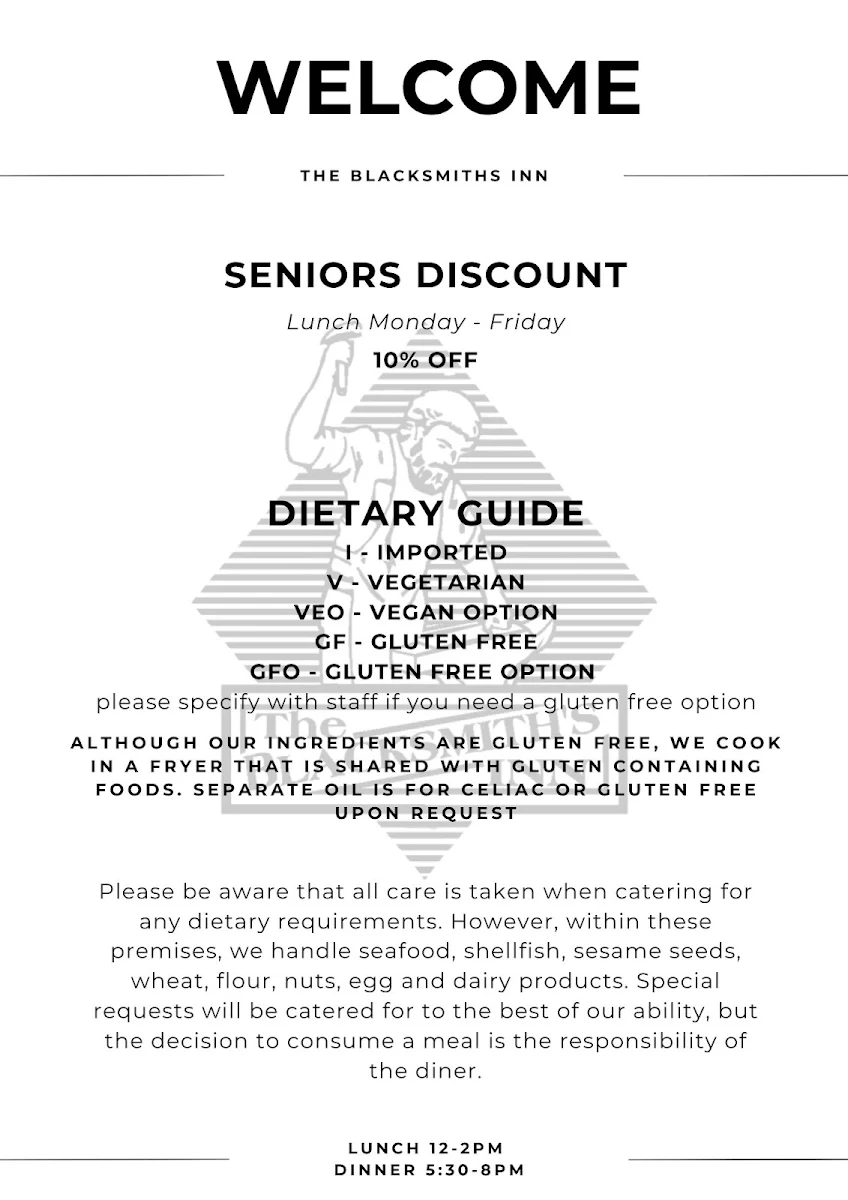 Menu, The Blacksmith's Inn
