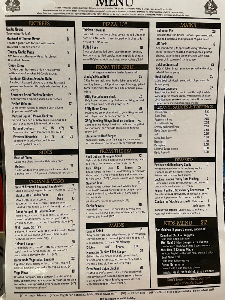 Menu, The Blacksmith's Inn