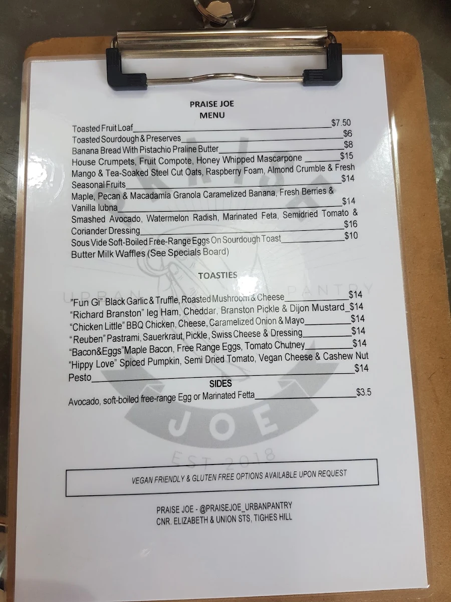 Menu, Praise joe