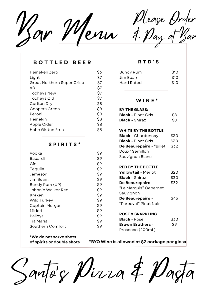 Menu, Santo's Pizza & Pasta - Kandos