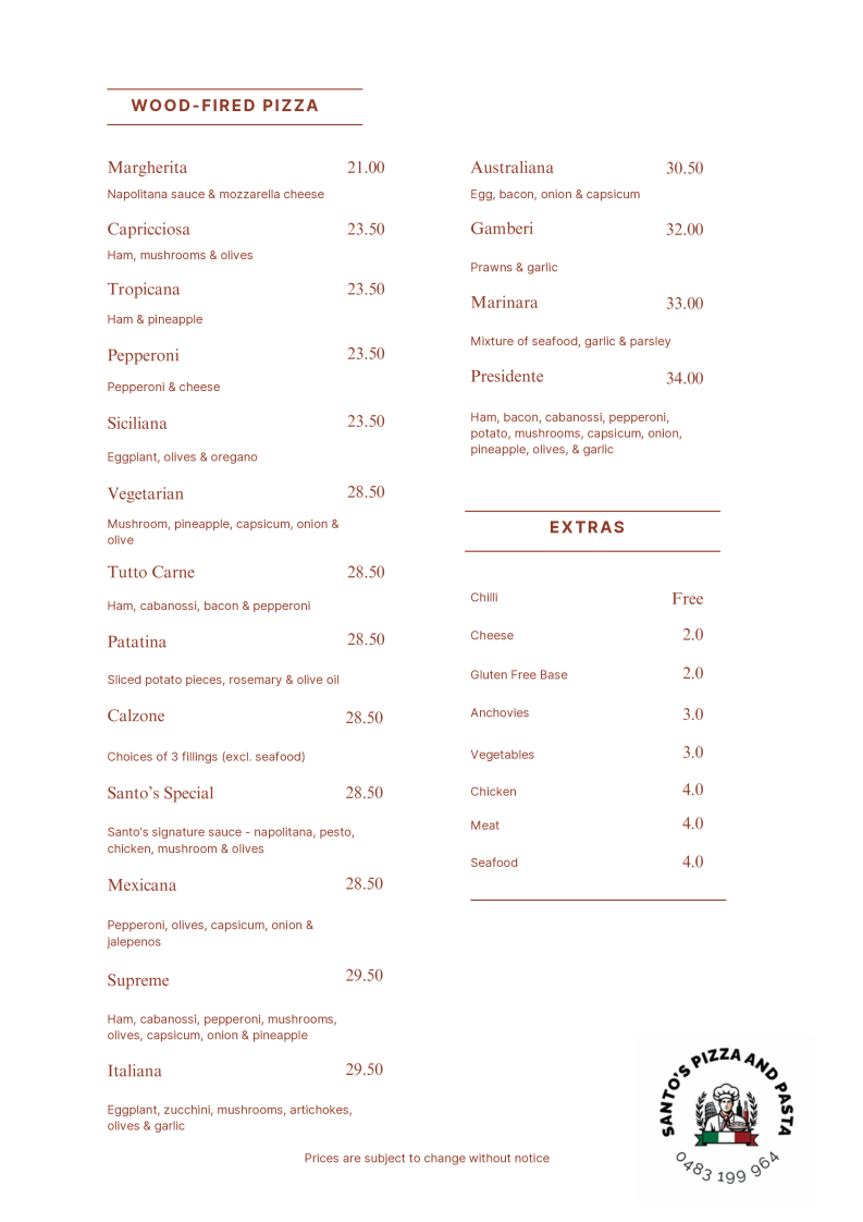 Menu, Santo's Pizza & Pasta - Kandos