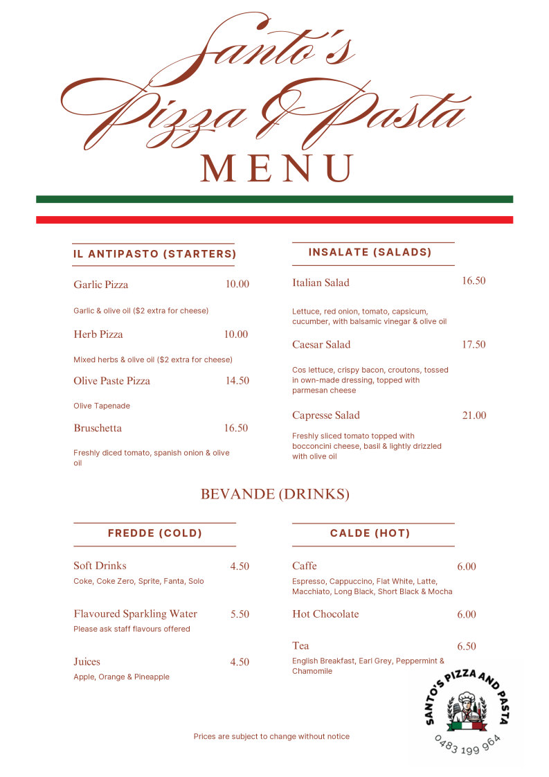 Menu, Santo's Pizza & Pasta - Kandos