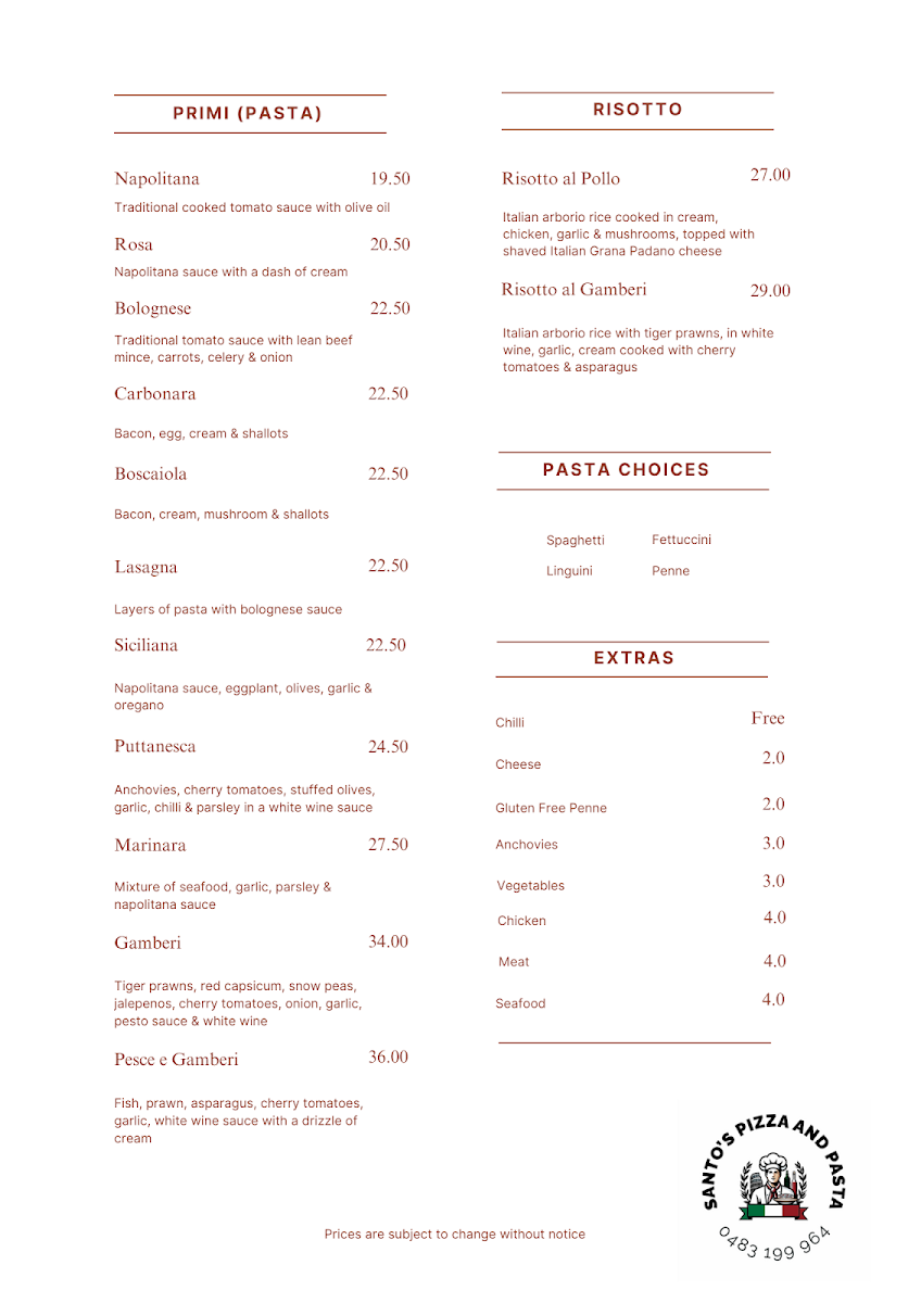 Menu, Santo's Pizza & Pasta - Kandos