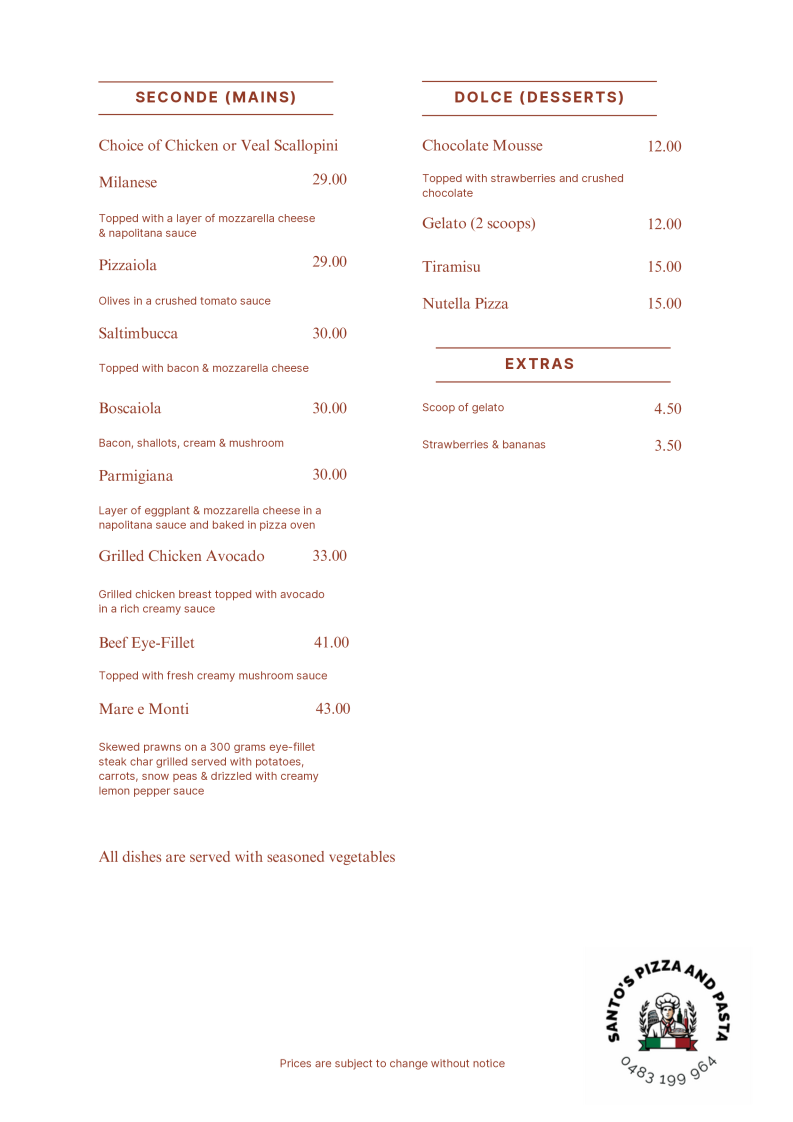 Menu, Santo's Pizza & Pasta - Kandos