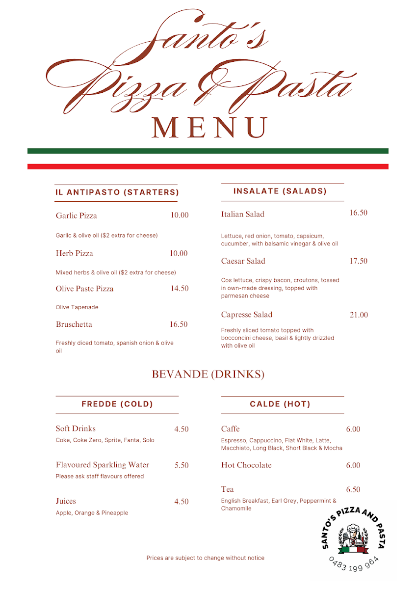 Menu, Santo's Pizza & Pasta - Kandos