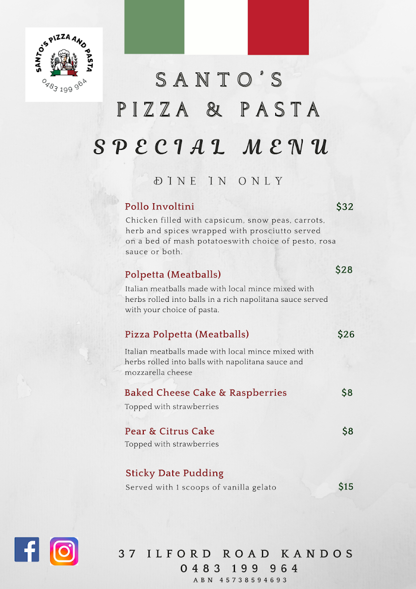 Menu, Santo's Pizza & Pasta - Kandos