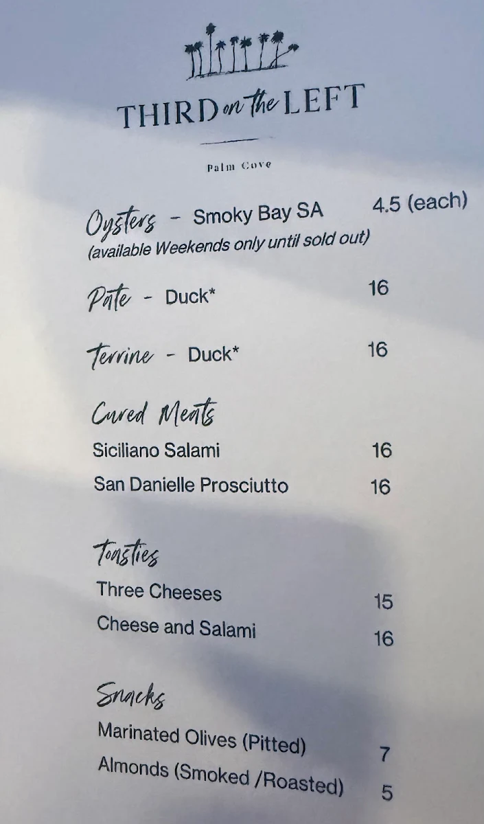 Menu, Third on the Left Palm Cove