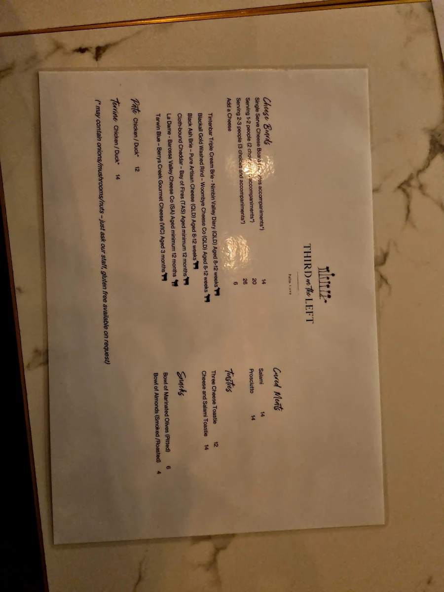 Menu, Third on the Left Palm Cove