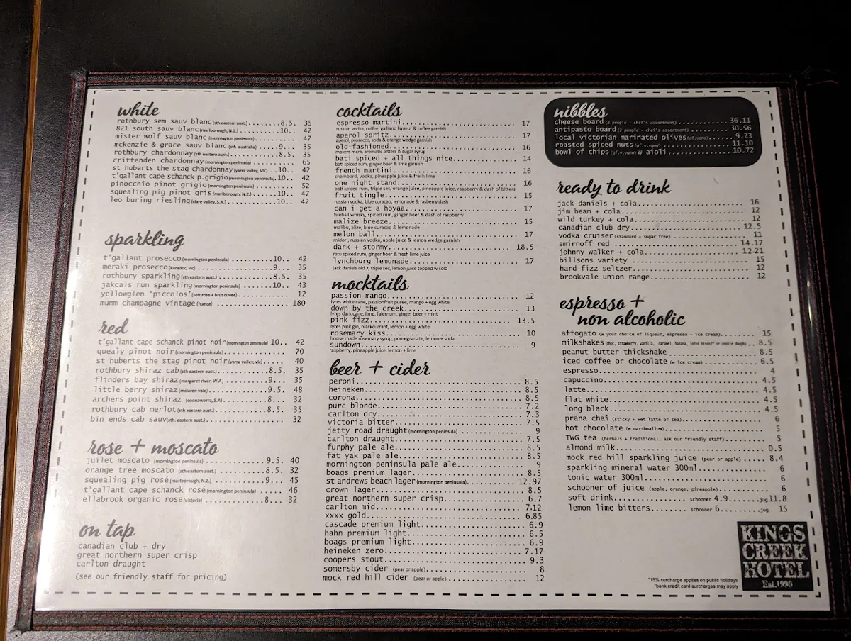 Menu, Kings Creek Hotel