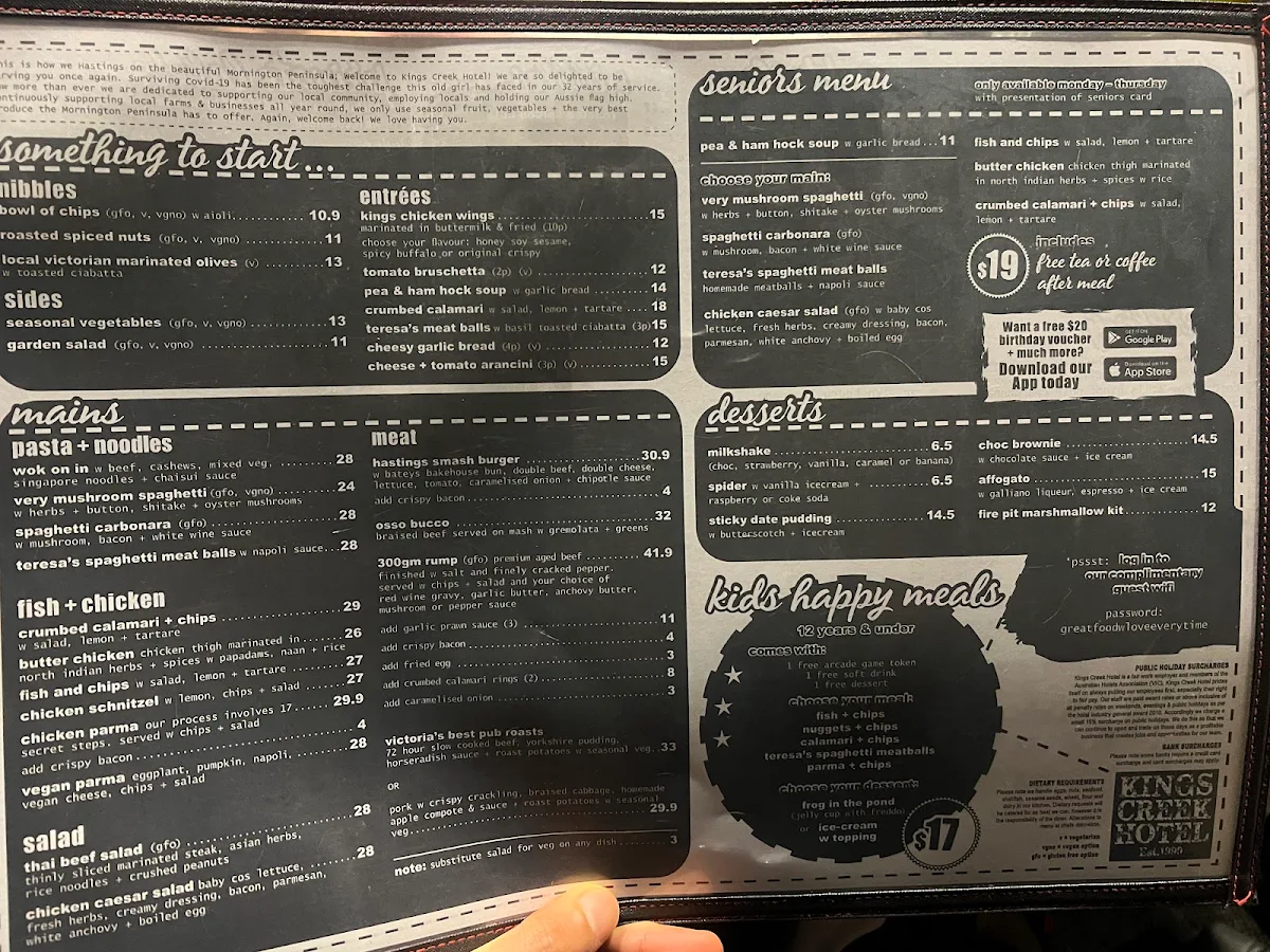Menu, Kings Creek Hotel