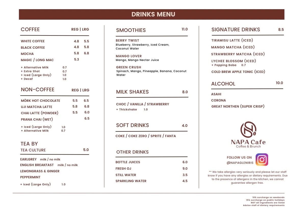 Menu, Napa Cafe Glen Iris