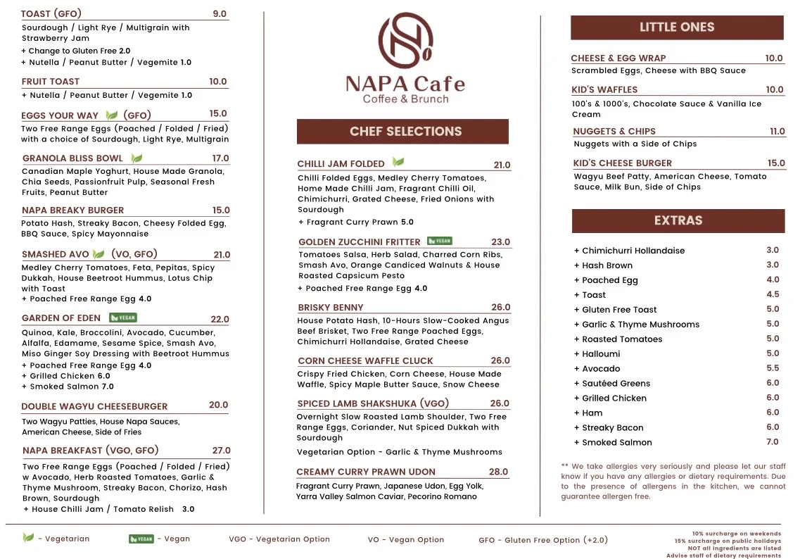 Menu, Napa Cafe Glen Iris