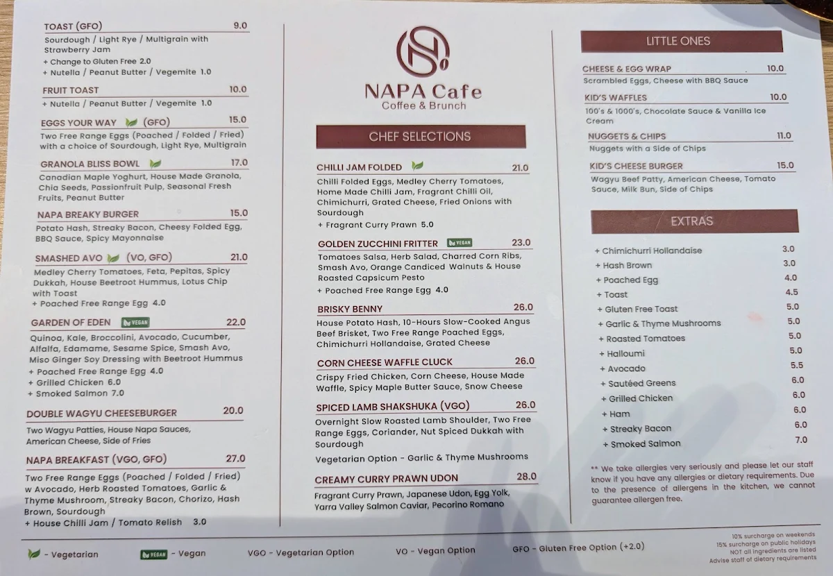 Menu, Napa Cafe Glen Iris