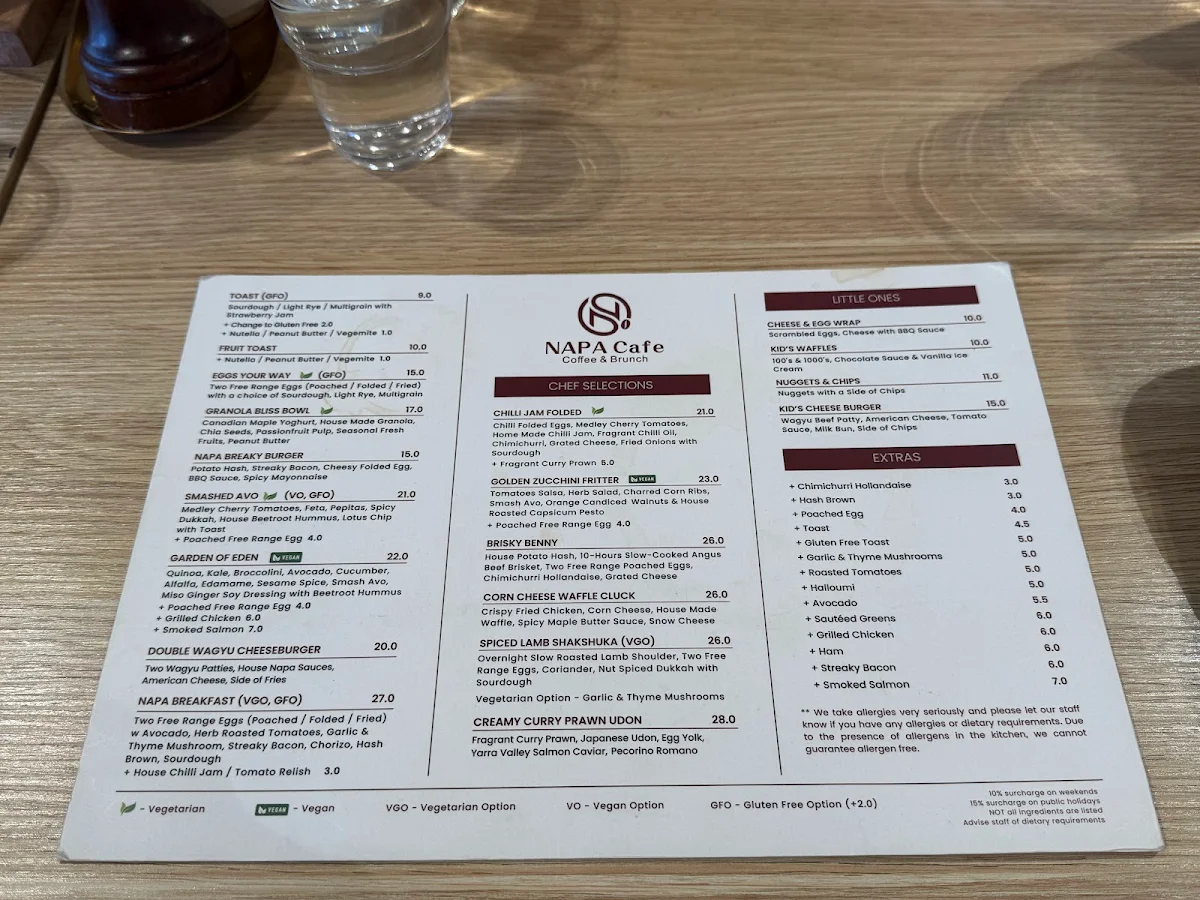 Menu, Napa Cafe Glen Iris