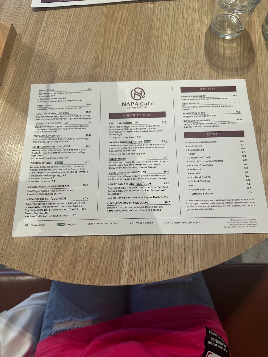 Menu, Napa Cafe Glen Iris