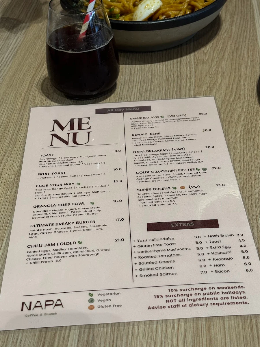 Menu, Napa Cafe Glen Iris