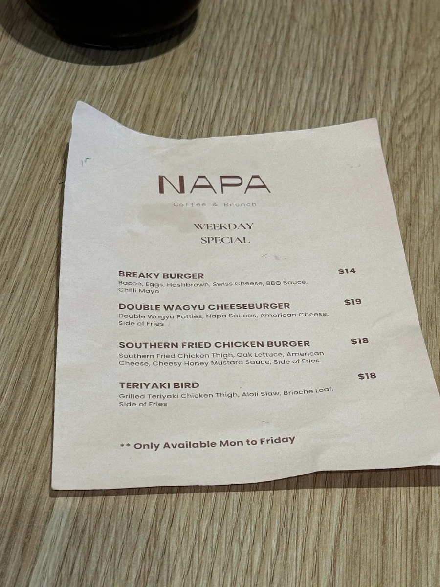 Menu, Napa Cafe Glen Iris